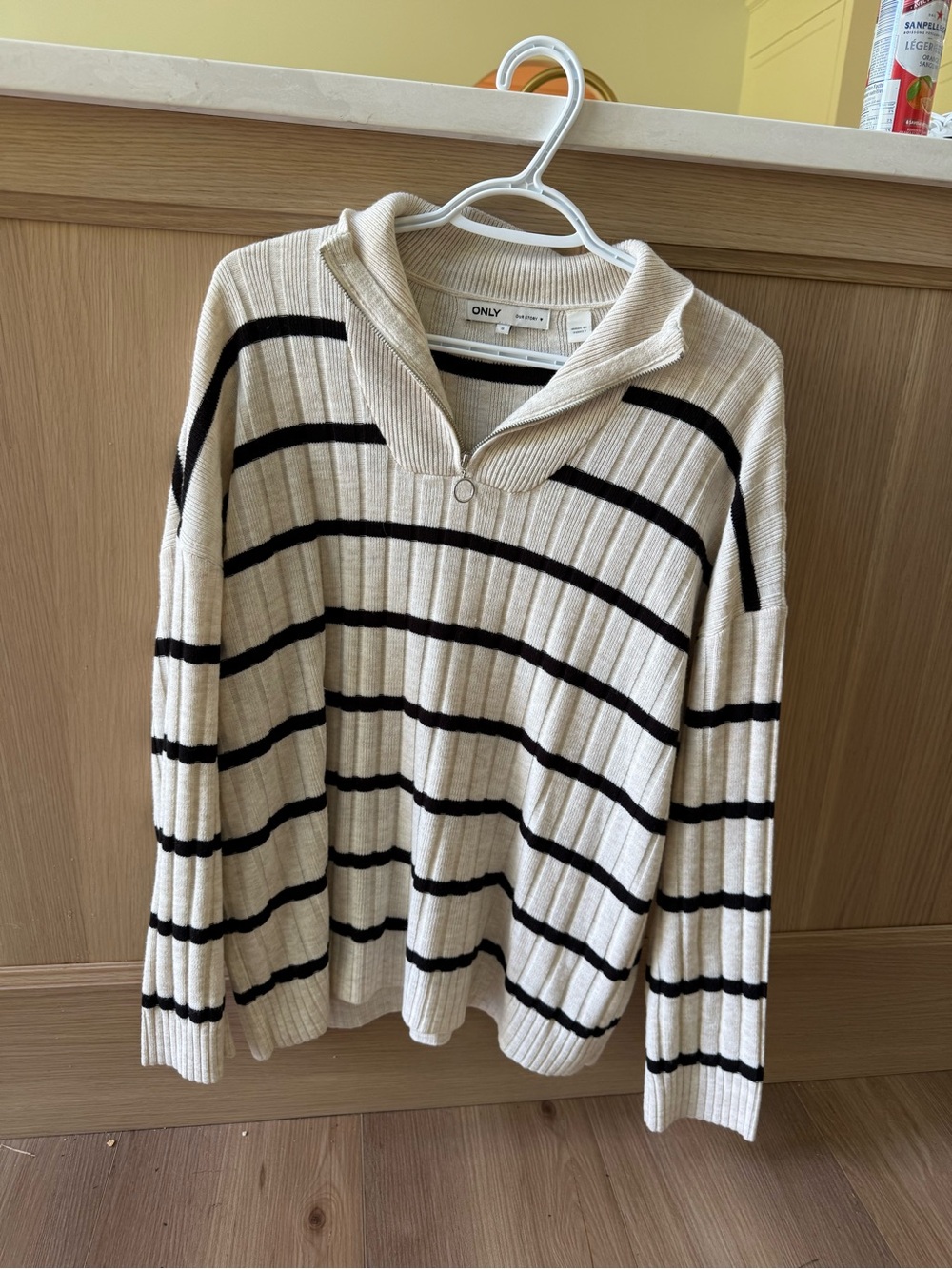 ONLY Cream Ribbed Cowl Sweater with Black Stripes